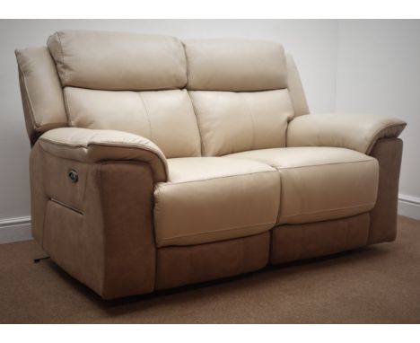 Three seat reclining sofa, upholstered in beige leather and light brown sued (W215cm) and a matching two seat sofa (W160cm) (