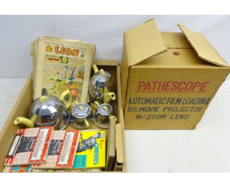 Pathescope 8mm Film projector with three Comedy Films, 1950s The Dandy & Lion comics and a four piece insulated tea service, 