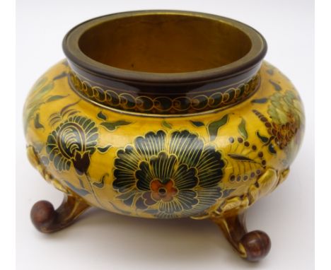 Zsolnay Pecs porcelain Jardiniere of squat bulbous form decorated with stylized flowers on yellow ground with gilt metal line