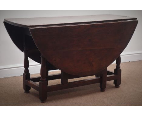 18th century oak dining table, oval drop leaf top, gate-leg action base, turned supports connected by stretchers, single draw