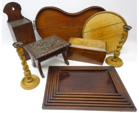 19th century mahogany tea caddy, candle box, Edwardian inlaid kidney shaped tray, pair of barley twist candlesticks, small 19