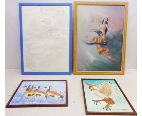 Portrait of a Lady, pen signed by Isabel Crooke, Figurative Portrait, White Faced Ducks and 'Free Fall', three other oils by 