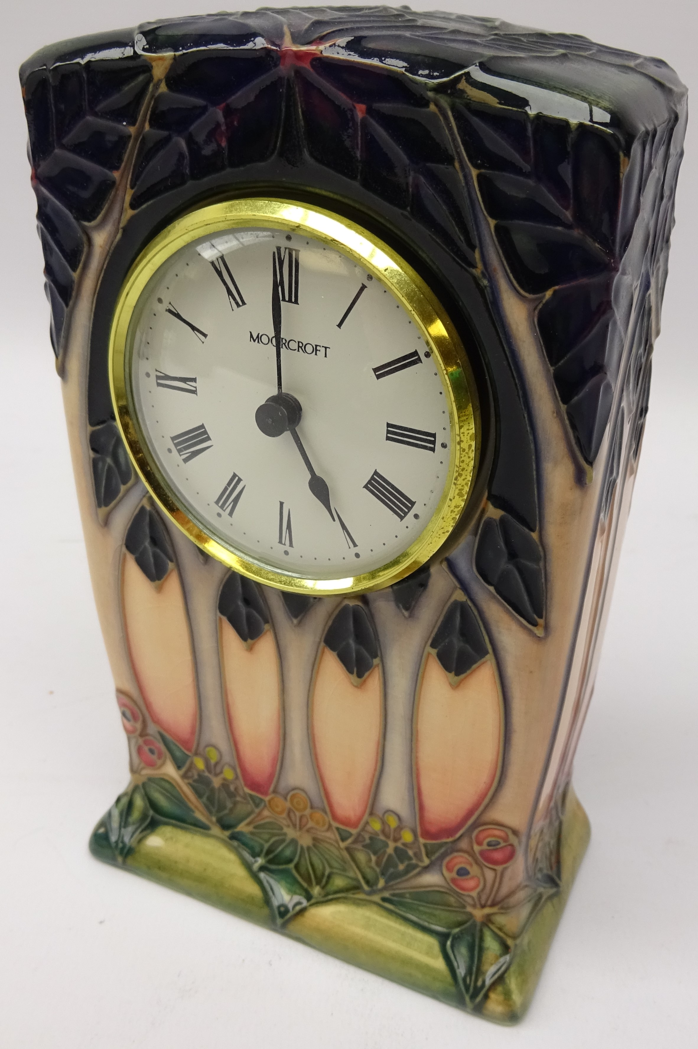 Moorcroft 'Cluny' pattern mantle clock designed by Sally Tuffin, H16cm