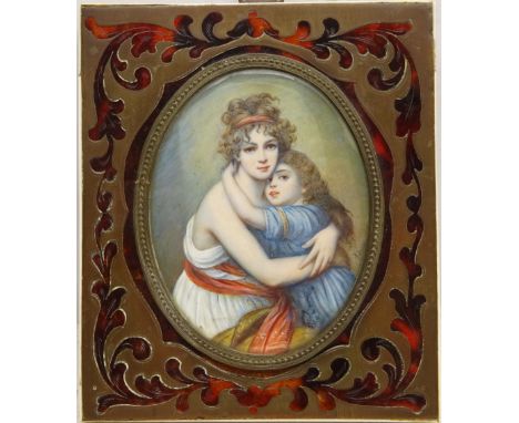 Portrait of Woman and Child, 19th century oval miniature signed painted on ivory in red Boulle frame overall 12.5cm x 10.5cm