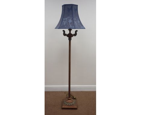 Metal standard lamp, reeded shaft, square moulded base, with blue floral shade, H138cm (This item is PAT tested - 5 day warra
