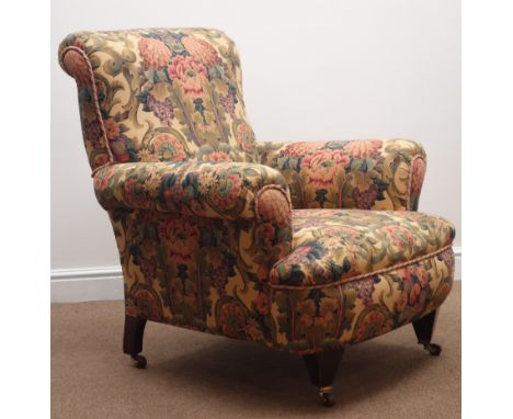 Victorian armchair, upholstered Liberty 'Finsbury' fabric, on mahogany square tapering legs, brass socket and ceramic casters