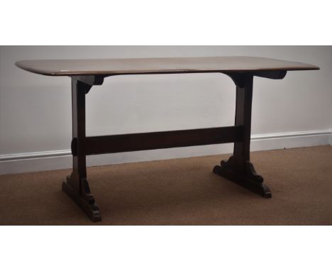 Ercol rectangular dining table, solid end supports, single stretcher, sledge feet, 75cm x 150cm, H72cm Condition Report Click