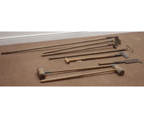 Collection of vintage garden tools including; edging knife, rake etc... and two croquet mallets  Condition Report Click here 