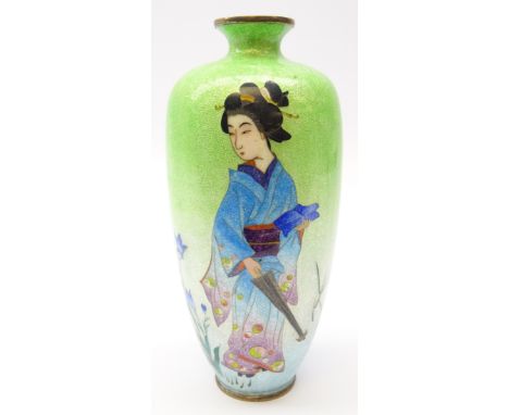 Japanese Ginbari enamel vase decorated with a female figure holding a parasol, impressed mark to base, H18cm Condition Report