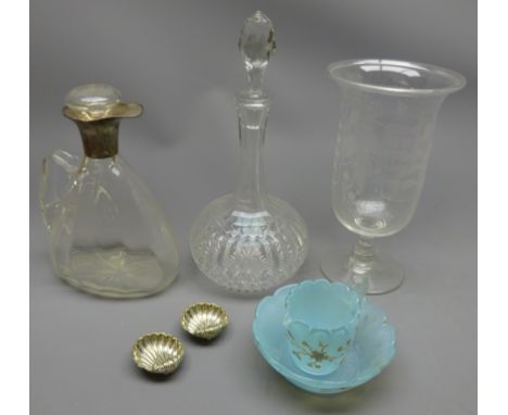 19th century and later glass including a clear glass decanter with silver mount, Chester 1911, blue glass jug & saucer with g