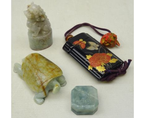Japanese lacquer inro with devil mask netsuke and agate ojime, Jade seal carved with Buddhist Lion, Tortoise and trinket box 