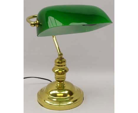 Bankers style gilt metal lamp with green glass shade, H35cm  Condition Report Click here for further images, condition, aucti