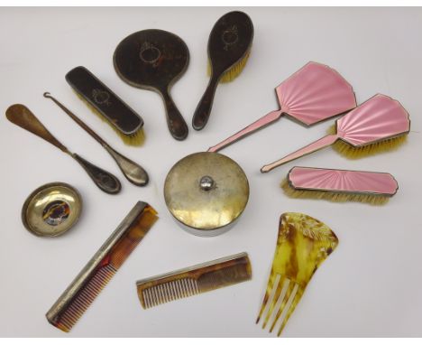 Early 20th century eight-piece silver and simulated tortoise shell dressing table set, Birmingham 1923, with matched hair sli