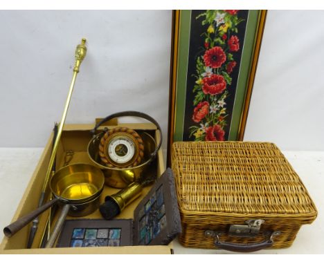 Carved oak rope twist aneroid barometer, D17cm, 19th century and later fire irons, brass jam pan, wicker hamper, 19th century