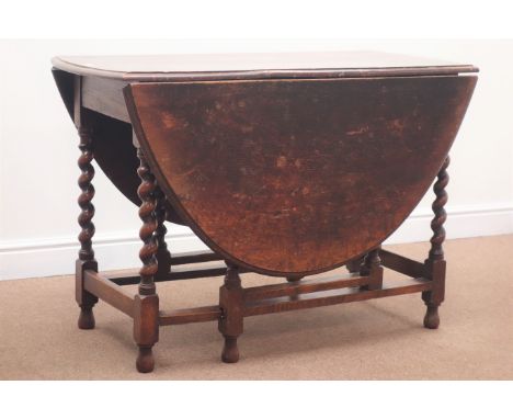 Early 19th century oak oval drop leaf table, barley twist gate action supports, 150cm x 105cm, H73cm  Condition Report Click 