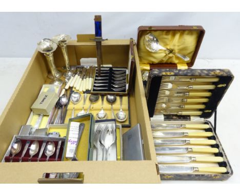 Three hallmarked silver candlesticks, letter opener and lighter in the form of a dagger, cigarette case, various lighters, va