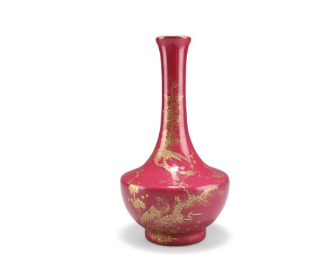 A CHINESE RUBY RED-GLAZED VASE, bottle-shaped, gilded with birds perching upon blossoming boughs and a poem, bears blue seal 