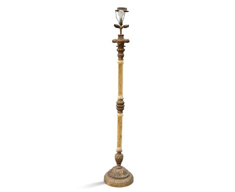 AN EARLY 20TH CENTURY GILT-COMPOSITION AND UPHOLSTERED STANDARD LAMP, moulded four leaves, fitted for four lights. 182cm high