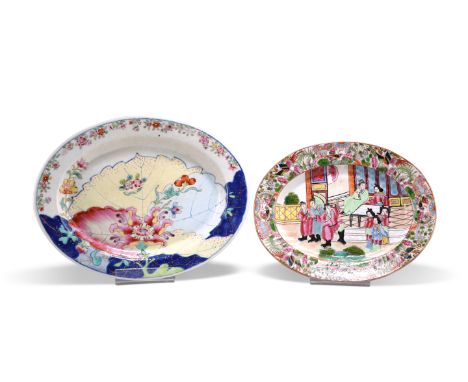 TWO CHINESE PORCELAIN OVAL DISHES, the first with tobacco leaf pattern, 25.5cm long; the second Famille Rose, 21cm long. (2)C