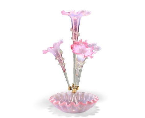 A VICTORIAN PINK AND VASELINE GLASS EPERGNE, with four trumpet-form vases and undulating rim to the dish base. 45cm highCONDI