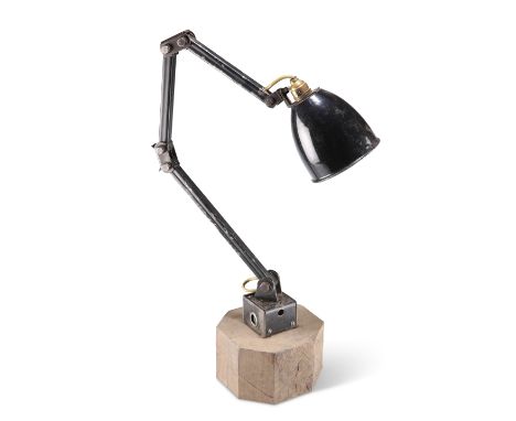 A 1950S MEMLITE INDUSTRIAL ANGLEPOISE LAMP, signed, later mounted on a wooden blockCONDITION REPORTAnglepoise lamp base is a 