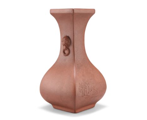 A CHINESE YIXING VASE, of four-sided bottle form, moulded with ring "handles", incised to one side with a mountainous landsca