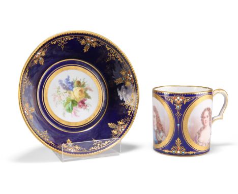 A 19TH CENTURY SÈVRES-STYLE 'JEWELLED' CABINET CUP AND SAUCER, the cup painted with three portraits, the saucer with a floral