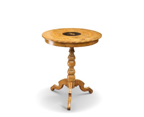 A 19TH CENTURY SORRENTO WARE TRIPOD TABLE, the inlaid circular top centred with a bird on a flowering bough, fitted with a fr