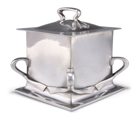 DAVID VEASEY, A LIBERTY &amp; CO TUDRIC PEWTER BISCUIT BOX, no. 084,&nbsp;of square form with applied whiplash handles, stamp