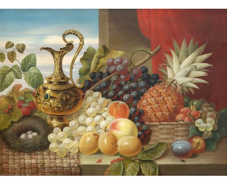 CONTINENTAL SCHOOL (19TH/20TH CENTURY), STILL LIFE WITH EWER, FRUITS AND A NEST ON A STONE LEDGE, oil on canvas, framed. 43.5