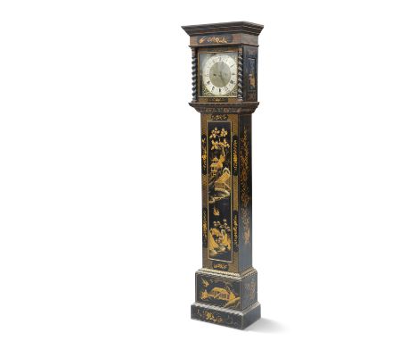 AN EARLY 20TH CENTURY CHINOISERIE LACQUER EIGHT-DAY LONGCASE CLOCK,&nbsp;the hood with barley twist columns and projecting mo