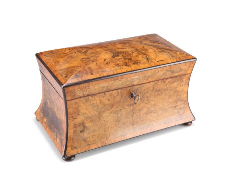 A VICTORIAN BURR WALNUT TEA CADDY, of bombe shape with domed cover, crossbanded in satinwood with ebony stringing, the interi