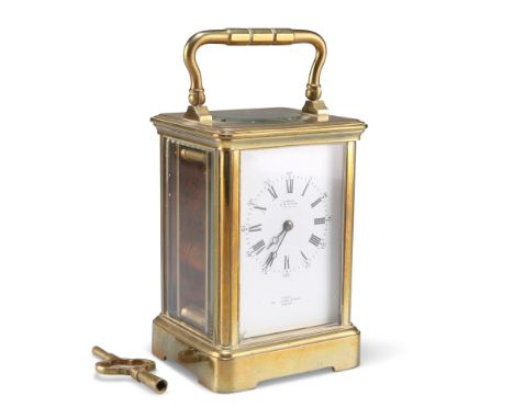 DROCOURT, PARIS, A BRASS CASED CARRIAGE CLOCK, RETAILED BY GRONE, H.W. TYPKE, SUCCESSOR,&nbsp;the white enamel dial with Roma