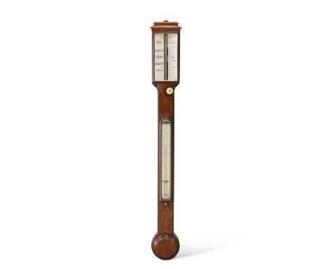 AN EARLY 19TH CENTURY MAHOGANY STICK BAROMETER, BY THOMAS JONES, 62 CHARING CROSS, with ivory dials. 96cm high

Note: Thomas 