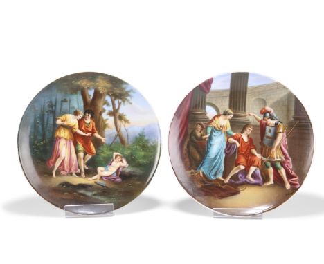 TWO VIENNA CABINET PLATES, painted with titled scenes of Mione &amp; Amor and Ulysses &amp; Achilles, each with underglaze bl