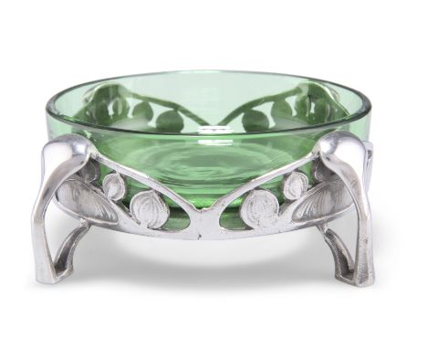 ARCHIBALD KNOX (1864-1933), A LIBERTY &amp; CO TUDRIC PEWTER BUTTER DISH,&nbsp;no. 0593, circular with lug feet, pierced and 