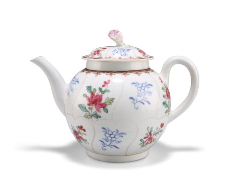 A WORCESTER TEAPOT AND COVER, the segmented ground filled with coloured and blue sprigs, the domed cover with flower finial. 