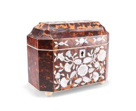 A GEORGE IV TORTOISESHELL AND MOTHER-OF-PEARL INLAID TEA CADDY, CIRCA 1825,&nbsp;of canted rectangular form, inlaid with engr