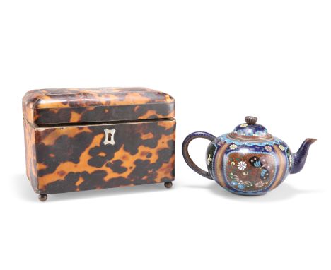 A REGENCY TORTOISESHELL TEA CADDY, rectangular, (a/f), 15cm wide; together with A JAPANESE CLOISONNÉ SMALL TEAPOT, Meiji peri