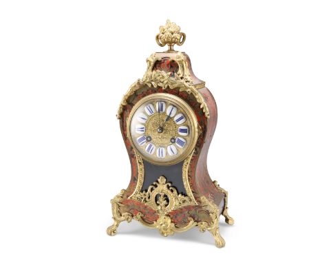 A 19TH CENTURY FRENCH GILT-METAL MOUNTED BOULLE MANTEL CLOCK, the waisted case decorated with scrolling foliate brasswork, th