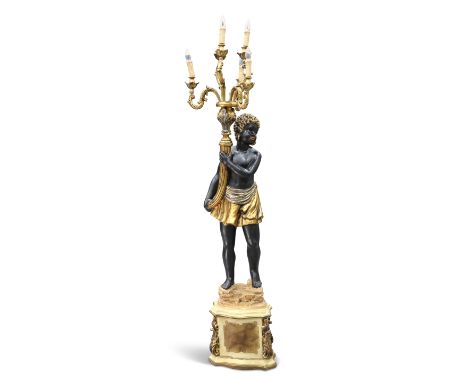 A VENETIAN BAROQUE-STYLE FIGURAL FLOOR LAMP, the figure modelled holding a cornucopia issuing six leaf-form scrolling branche