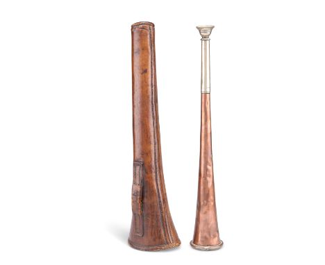 A 19TH CENTURY 12-INCH COPPER HUNTING HORN, by Swaine &amp; Co, London, in leather caseCONDITION REPORTA few minor dings to t