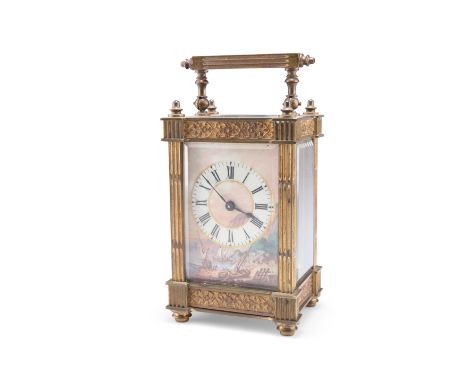 A FRENCH PAINTED DIAL CARRIAGE CLOCK, 19TH CENTURY, the case cast with fluted square columns and foliate friezes, the movemen