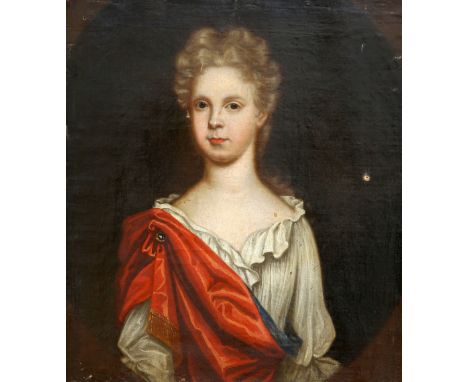 BRITISH SCHOOL (18TH CENTURY), PORTRAIT OF A YOUNG BOY, HALF LENGTH, IN WHITE SHIRT AND RED SHAWL, oil on coarse weave canvas