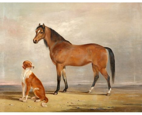 ALEXANDER FREDERICK ROLFE (1815-1907), ARAB MARE WITH DOG IN A LANDSCAPE, signed and dated 1843 lower right, oil on canvas, f