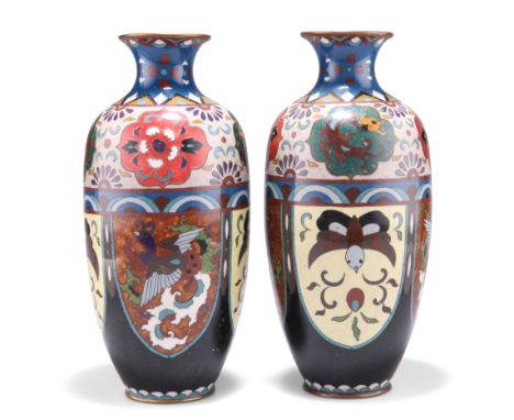 A PAIR OF JAPANESE CLOISONNÉ&nbsp;VASES, baluster form with short flared necks, each decorated with reserves of phoenix, moth