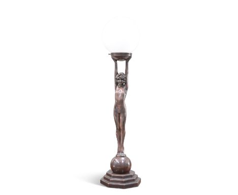 AN ART DECO-STYLE PATINATED METAL FIGURAL TABLE LAMP, in the form of a female nude holding aloft a globe shade. 86.5cm highCO