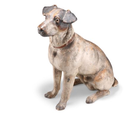 AN AUSTRIAN COLD-PAINTED TERRACOTTA MODEL OF A JACK RUSSELL, CIRCA 1900, in seated pose, with glass eyes, (a/f). 35.5cm highC
