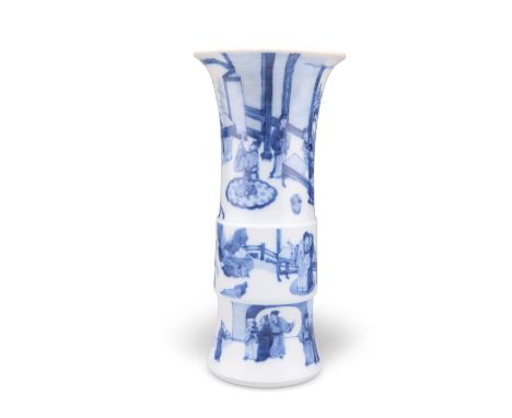 A CHINESE BLUE AND WHITE GU VASE, painted with figures. 25.5cm highCONDITION REPORTLight pops and frits, light surface wear.