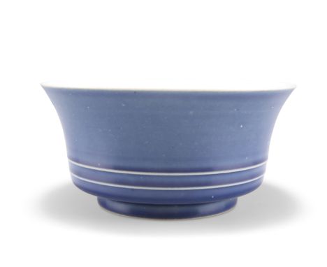 A CHINESE MONOCHROME BOWL, circular with twin reeded bands, blue glaze, bears six character mark within concentric circles. 1